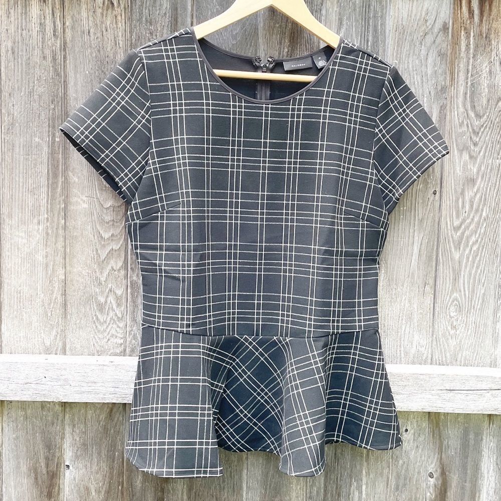 Halogen Nordstrom Peplum Plaid Top Black Size Med